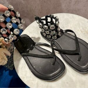 Alexander Wang Black Aubrey Crystal Flats Jeweled Cuff Sandals 35.5